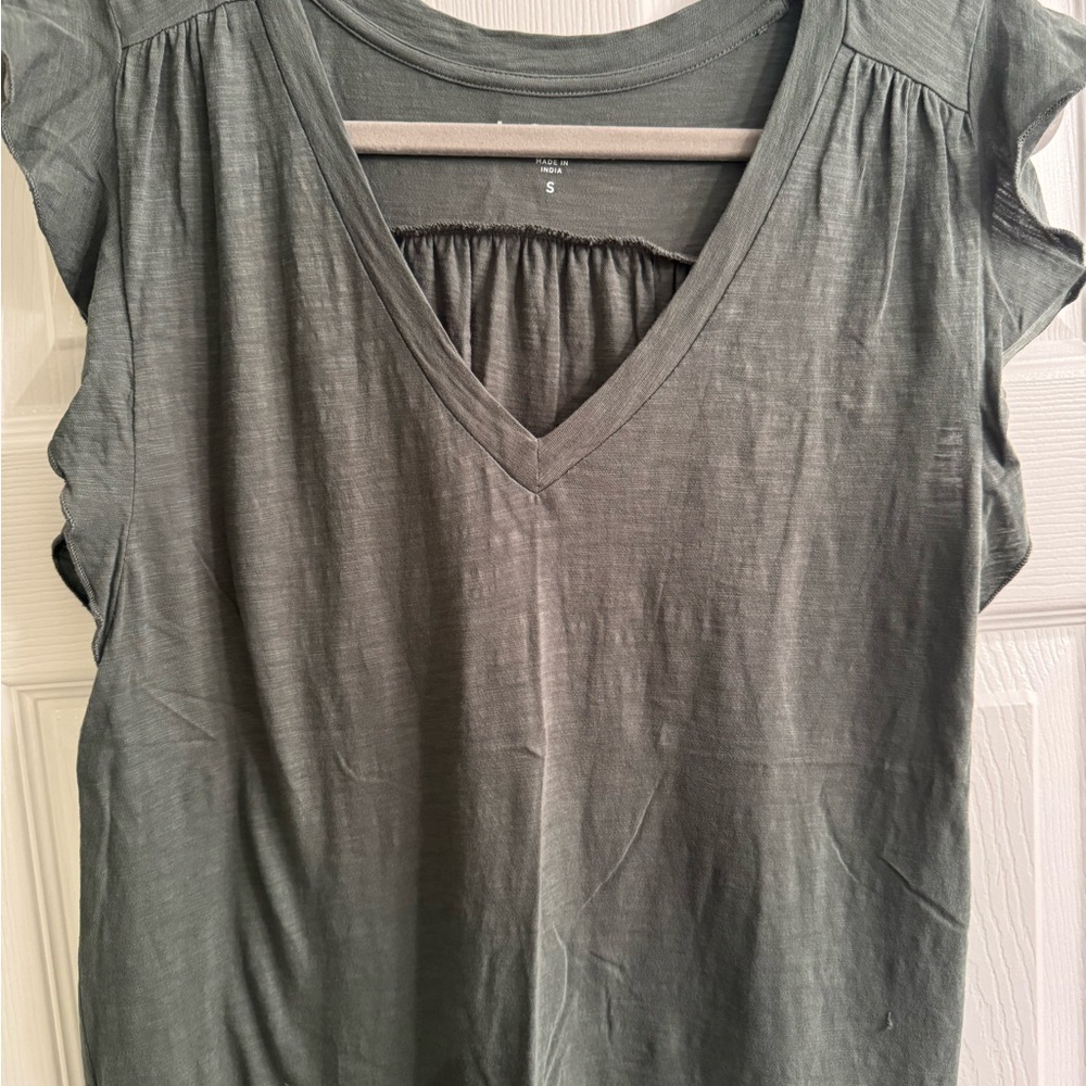 Loft Olive Green Women's V neck ruffle Top size small